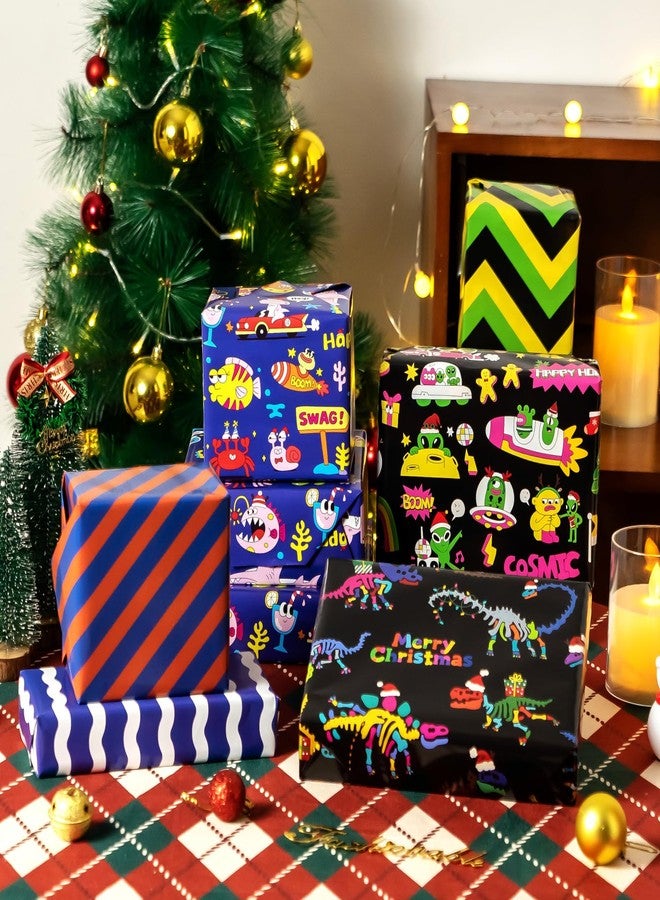 EWES Kids Christmas Wrapping Paper 3 Rolls Set, Black Blue Funny Heavy Duty Premium Gift Wrap, Pattern with Dinosaur,Alien,Marine animals,Stripes Reversible, Total 48.6sq.ft - Image 3