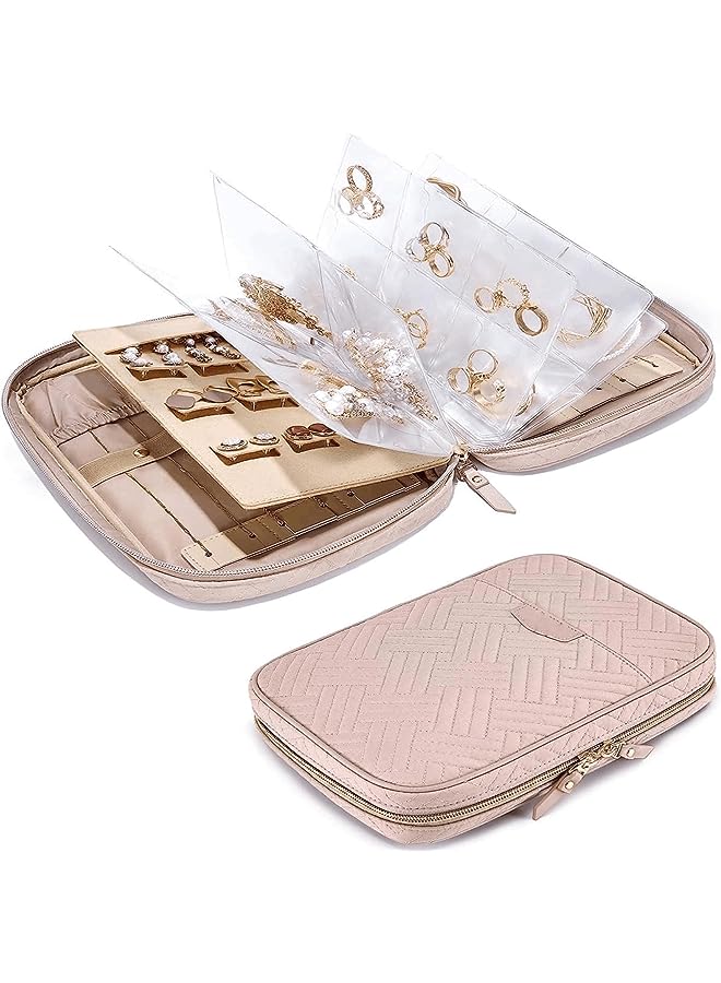 PROMASS Travel Organizer, Jewelry Case, Transparent Jewelry Storage, Book Ring Binder Jewelry Bags Clear Booklet Zipper Pouch Bag for Necklaces, Earrings, Rings, Bracelets (Pink) - Image 1