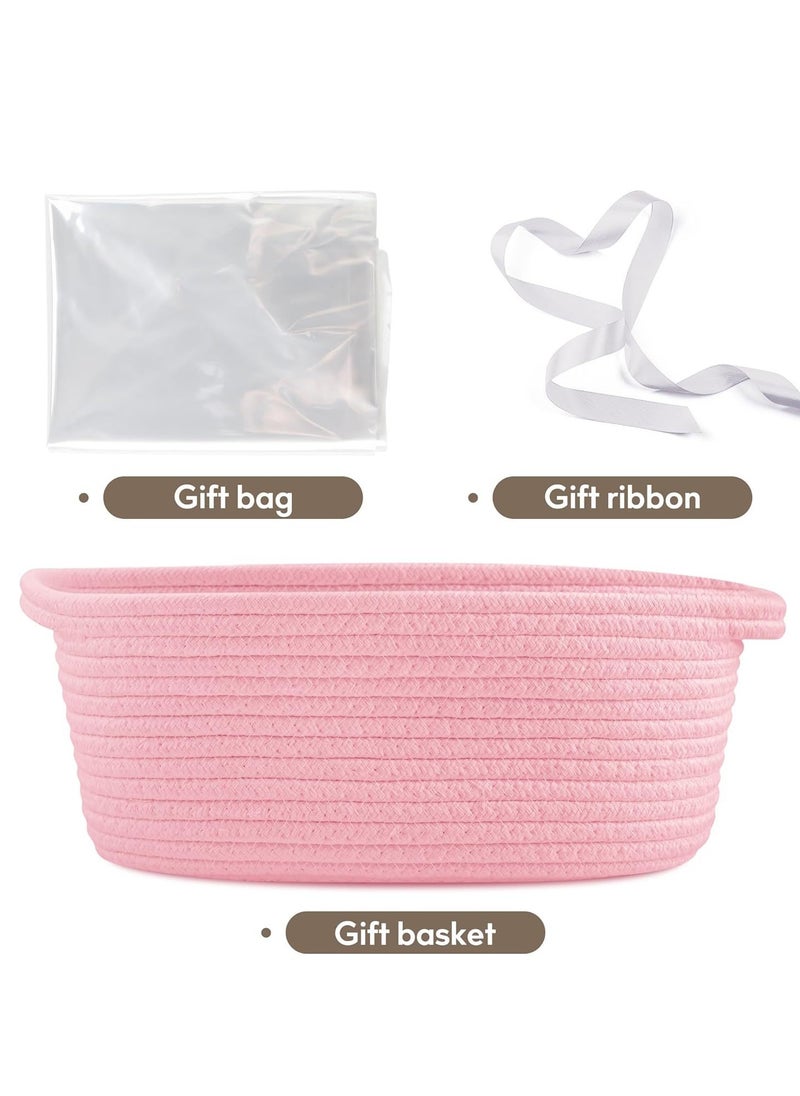 General Small Woven Basket with Gift Bags and Ribbons, DIY Basket Gift Set, Cute Baby Gift Basket, Empty Decorative Gift Chest Box, Durable Baskets for Birthday/Baby Shower Gifts, 12"X 8" X 5", Pink  - Image 4