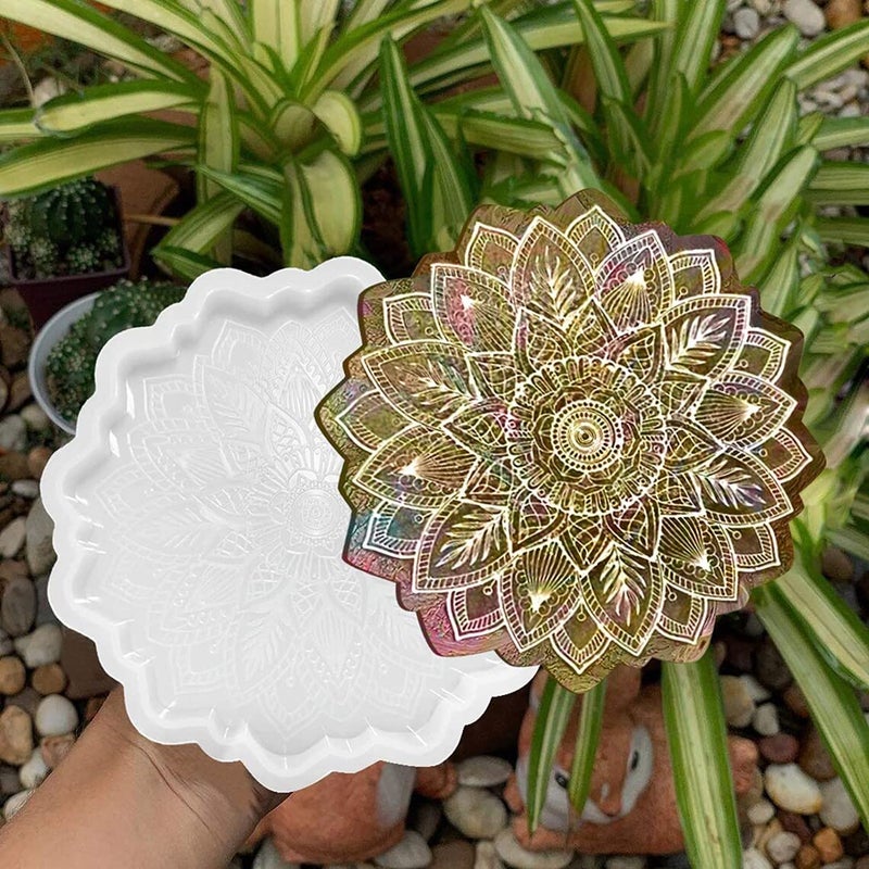 Snoogg Snoogg 8 inch Mandala Flowers Coaster Mould for Resin, 3 Pack Sun Flowers Tray Resin Moulds Epoxy Resin Casting Silicone Moulds for DIY Resin Mandala Coaster Snacks Serving  - Image 5