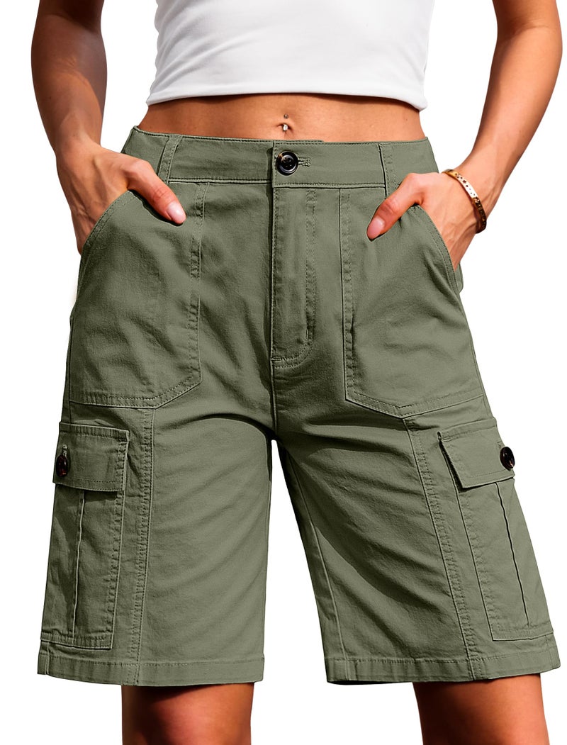 Eddoyee Bermuda Cargo Shorts for Women Casual Long Knee Length High Waisted Stretch Wide Leg Relaxed Fit(Army Green, X-Large) - Image 1