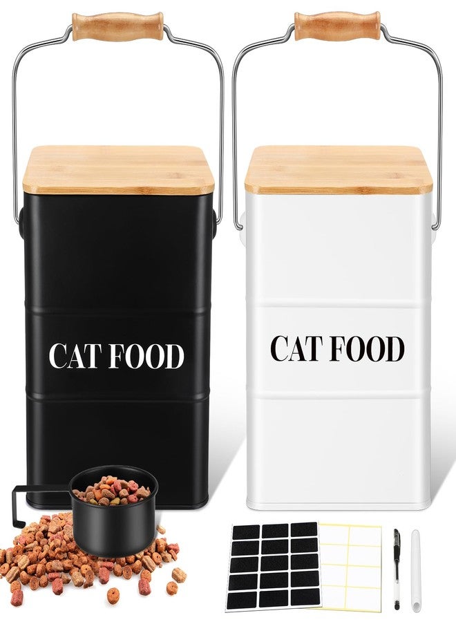 Tioncy 2 Pcs Metal Cat Food Containers with Bamboo Lids and Spoon Airtight 5-7 Lbs Cat Treat Snack Jars with DIY Labels Big Pet Cookie Storage Bin for Kitchen Counter (Black, White) - Image 1