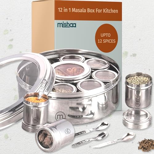 Mishaa Steel Multipurpose Storage Containers - Perfect Organizer for Masala Spices, Herbs, Mouth Freshner, Dry Fruits, 130ml Each Airtight Containers with See-Through Lid (12IN1 SPICE BOX) - Image 3