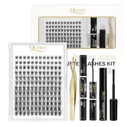 QUEWEL DIY Eyelash Extensions Kit Lash Clusters 144 Pcs Clusters Eyelash Applicator Tool Super Hold Cluster Lashes Bond and Seal Glue Remover Easy to Apply at HomeS012Kit