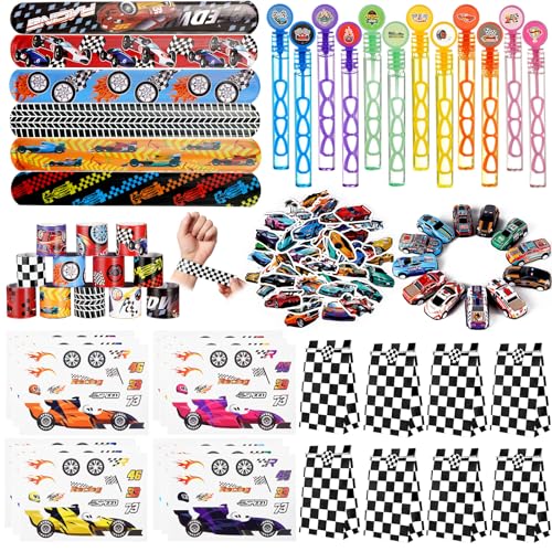 Vanblue 110Pcs Race Car Party Favors Themed Birthday Decorations Supplies Straw Bubble Slap Bracelet DIY Sticker Toy Gift for Boy Kids Treat Candy Bags Stuffers Classroom Rewards - Image 1