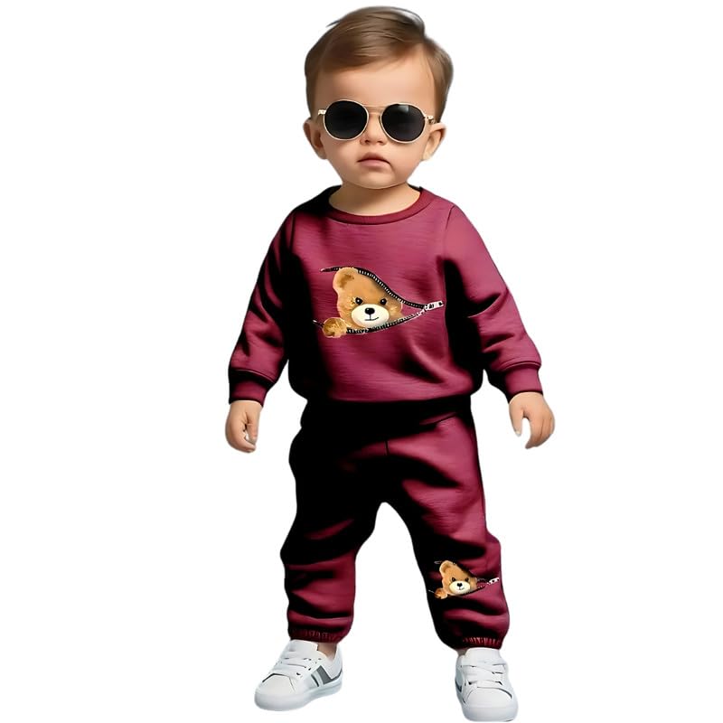 Fommy Cotton Baby Clothing Set - Cute Teddy Bear T-Shirt & Pant Outfit for Boys & Girls | Perfect Baby Dress, T-Shirt & Pants Combo | Stylish Baby Wear (Maroon Zippy Bear, 2-3 Year), Printed - Image 1