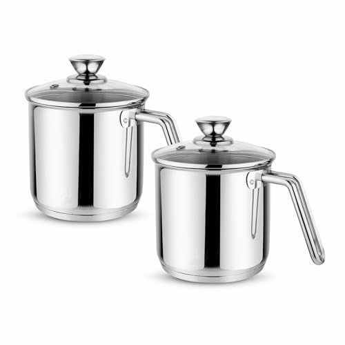 Prabha Stainless Steel Milk Pot with Handle 1 Litre 2pcs | Milk Boiler Glass Lid Steam Vent | Kitchen Tea Container Water Boiling | Coffee/Milk Warmer, Even & Faster Heating | Induction & Gas Stove. - Image 1