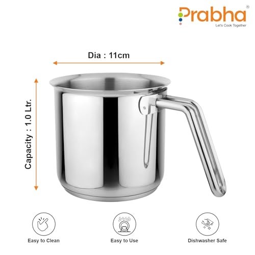Prabha Stainless Steel Milk Pot with Handle 1 Litre 2pcs | Milk Boiler Glass Lid Steam Vent | Kitchen Tea Container Water Boiling | Coffee/Milk Warmer, Even & Faster Heating | Induction & Gas Stove. - Image 2