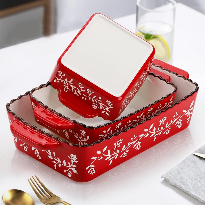 AVLA 3 Pack Ceramic Bakeware Set, Porcelain Rectangular Baking Dish Lasagna Pans for Cooking, Kitchen, Casserole Dishes, Cake Dinner, 12 x 8.5 x 6 Inches of Baking Pans, Banquet and Daily Use, Red - Image 4