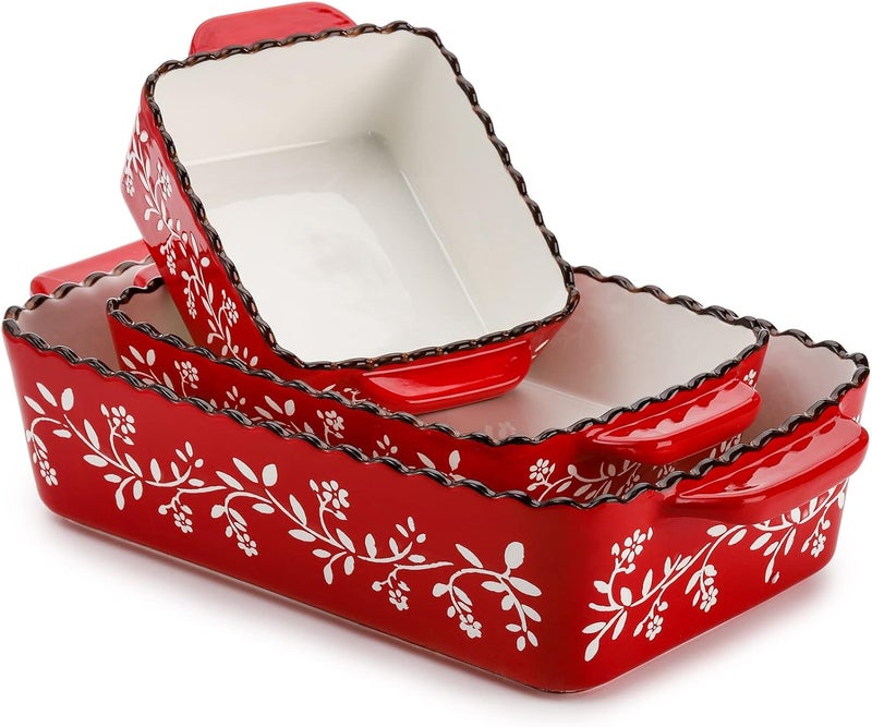AVLA 3 Pack Ceramic Bakeware Set, Porcelain Rectangular Baking Dish Lasagna Pans for Cooking, Kitchen, Casserole Dishes, Cake Dinner, 12 x 8.5 x 6 Inches of Baking Pans, Banquet and Daily Use, Red - Image 3