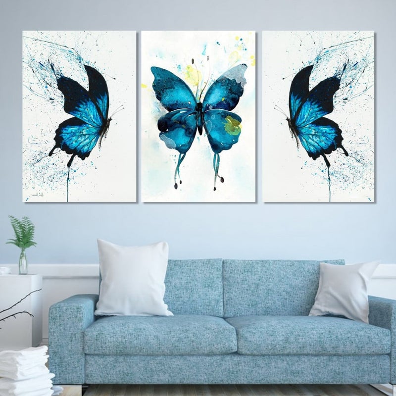 ماركتنا ثلاث لوحات قماشية مودرن بتصميم فراشات مع برواز مجوف مقاس (90×40) ثلاث قطع - Image 1