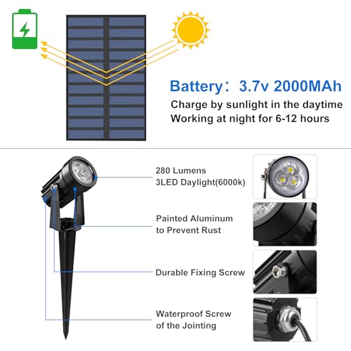 CREPOW Solar Spot Lights Outdoor, Solar Landscape Spotlights IP65 Waterproof 9.8ft Cable,Auto On/Off Outdoor Wall Lights for Garden Yard Driveway Porch Walkway Pool (6000K White) - Image 3