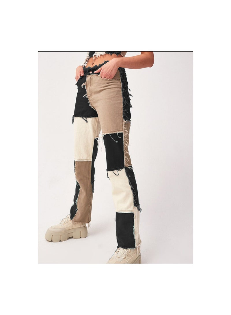Loquat Panels Of high-rise Tight Hips Women's Straight-leg Denim Trousers - Image 1