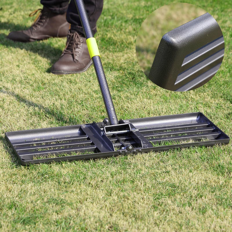Oliynedy Lawn Leveling Rake, Heavy Duty Levelawn Tool for Garden Level Soil or Dirt Ground Surfaces Easily, 26â€ x 10â€ Ground Plate, Steel Handle Length is 65 inch - Image 1