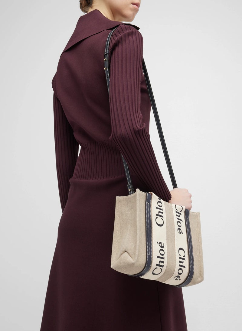 Chloe Woody Small Women Tote Bag in Linen, Women Shoulder Bag, Women Hand Bag, Women's Travel Bag, Women's Shopping Bag, White-Black - Image 3