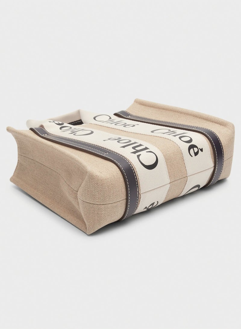 Chloe Woody Small Women Tote Bag in Linen, Women Shoulder Bag, Women Hand Bag, Women's Travel Bag, Women's Shopping Bag, White-Black - Image 2