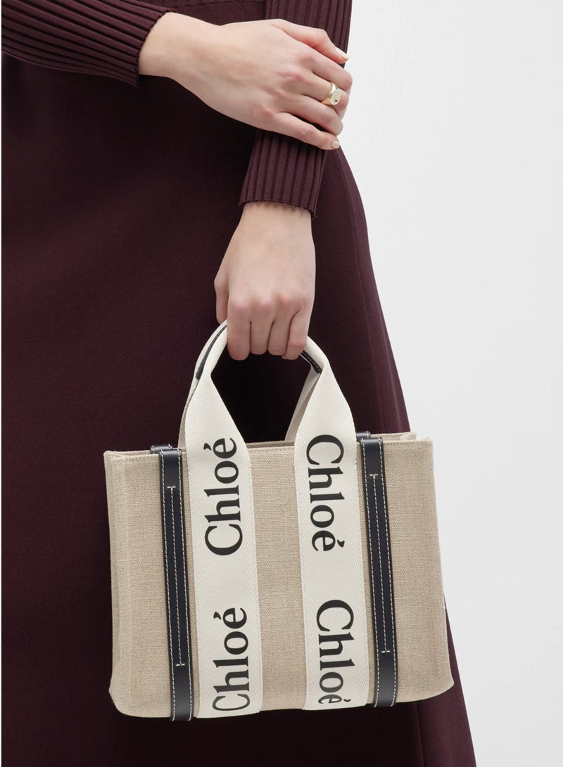 Chloe Woody Small Women Tote Bag in Linen, Women Shoulder Bag, Women Hand Bag, Women's Travel Bag, Women's Shopping Bag, White-Black - Image 5