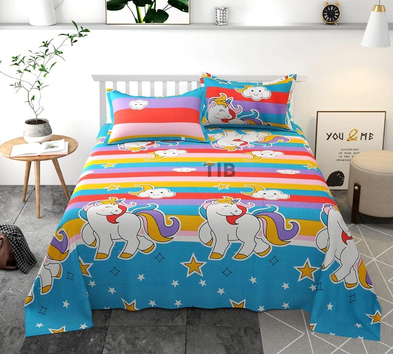TIB The Intellect Bazaar Cotton Feel Glace Cotton Elastic Fitted King Size Double Bedsheet with 2 Pillow Covers (72” x 78” or 182x198 cm)(Unicorn Blue) - Image 5