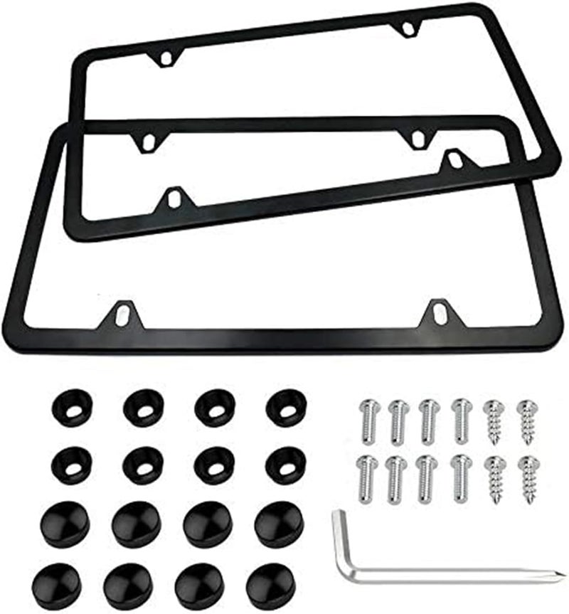 Indeed BUY License Plate Frames Black, Newest 2 Pcs 4 Holes Car Licenses Plate Covers Stainless Steel Holders Frame for Plates with Screw Caps. - Image 1