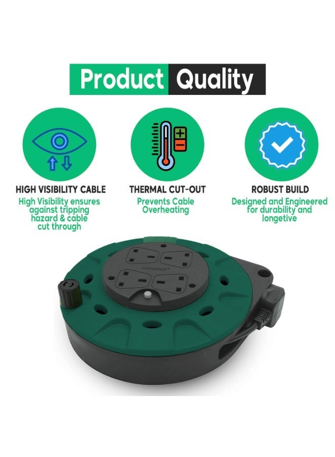 ADMORE 10 Meter Retractable Extension Reel – 4 Way Power Extension Cord Cassette – Heavy Duty 1.25mm Pure Copper Wire with Thermal Cut-Out Safety Switch – Electric Cable Winder Drum (UK Type G) - Image 4