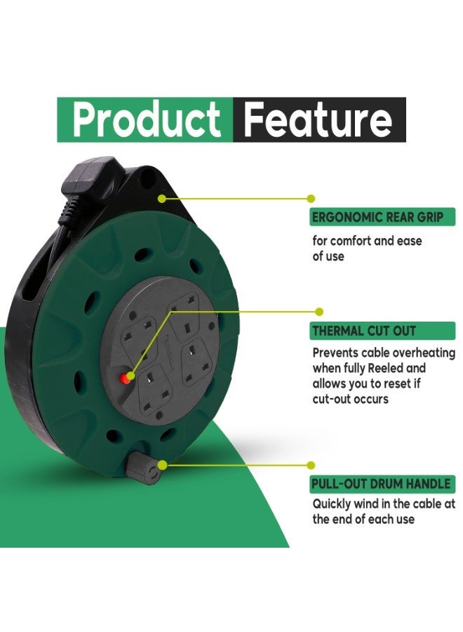 ADMORE 10 Meter Retractable Extension Reel – 4 Way Power Extension Cord Cassette – Heavy Duty 1.25mm Pure Copper Wire with Thermal Cut-Out Safety Switch – Electric Cable Winder Drum (UK Type G) - Image 3