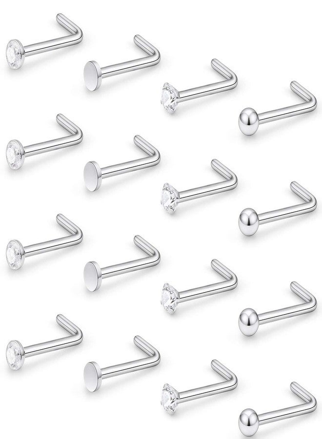 Hoeudjo Nose Rings L Shaped Nose Studs Surgical Steel 18G 2.0MM Clear Crystal Nostril Ring Body Piercing Jewelry for Women Men Silver-Tone 16 Pieces - Image 1