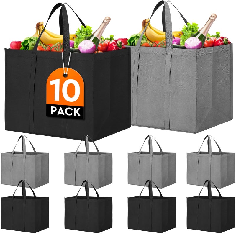 WISELIFE Reusable Grocery Shopping Bags 10 Pack Large Foldable Tote Bags Bulk Eco Produce Bags with Long Handle for Shopping Groceries Clothes GreyBlack