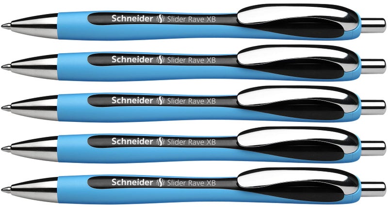 Schneider Slider Rave XB (Extra Broad) Ballpoint Pen, Refillable + Retractable, 1.4 mm, Light Blue Barrel, Black Ink, Box of 5 Pens (132501) - Image 1