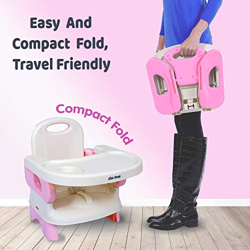 1st Step 2 in 1 Portable Booster Seat Cum Feeding Chair with 2 Level Height Adjustment and 5 Point Safety Harness (Pink) - Image 5