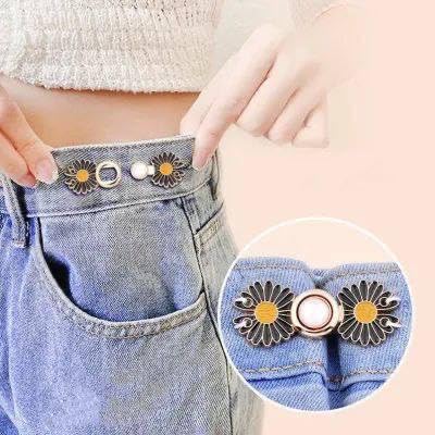 VKPSN VKPSN Instant Jeans Button Pins Waist Tightener Set Make The Waist Fit for Skirt Pants Robe No Sewing Required Adjustable Waist Buckle for Loose Jeans Pants 4 pcs New White Flower pin  - Image 3