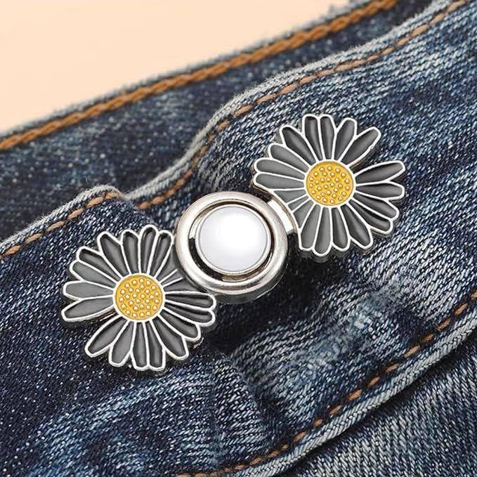 VKPSN VKPSN Instant Jeans Button Pins Waist Tightener Set Make The Waist Fit for Skirt Pants Robe No Sewing Required Adjustable Waist Buckle for Loose Jeans Pants 4 pcs New White Flower pin  - Image 4