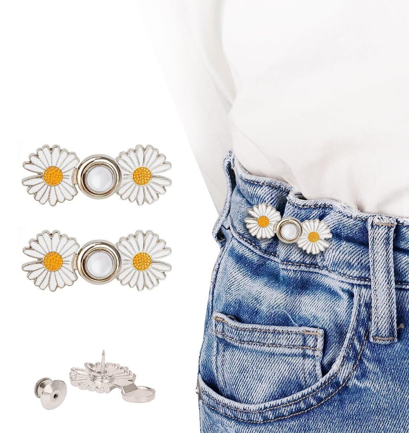 VKPSN VKPSN Instant Jeans Button Pins Waist Tightener Set Make The Waist Fit for Skirt Pants Robe No Sewing Required Adjustable Waist Buckle for Loose Jeans Pants 4 pcs New White Flower pin  - Image 2