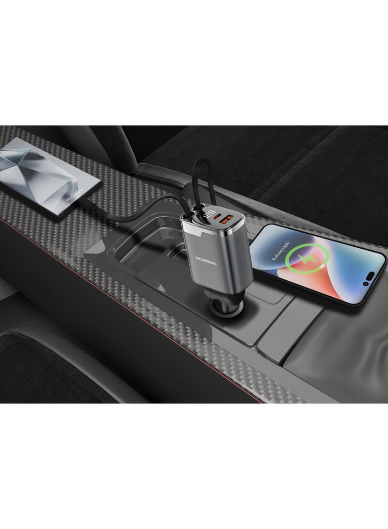 porodo Car Charger with Dual Retractable Cable & PD 45W & QC 36W Fast Charging / LED Voltage Display / Simultaneous Charging / 111W Max Output - Grey - Image 3