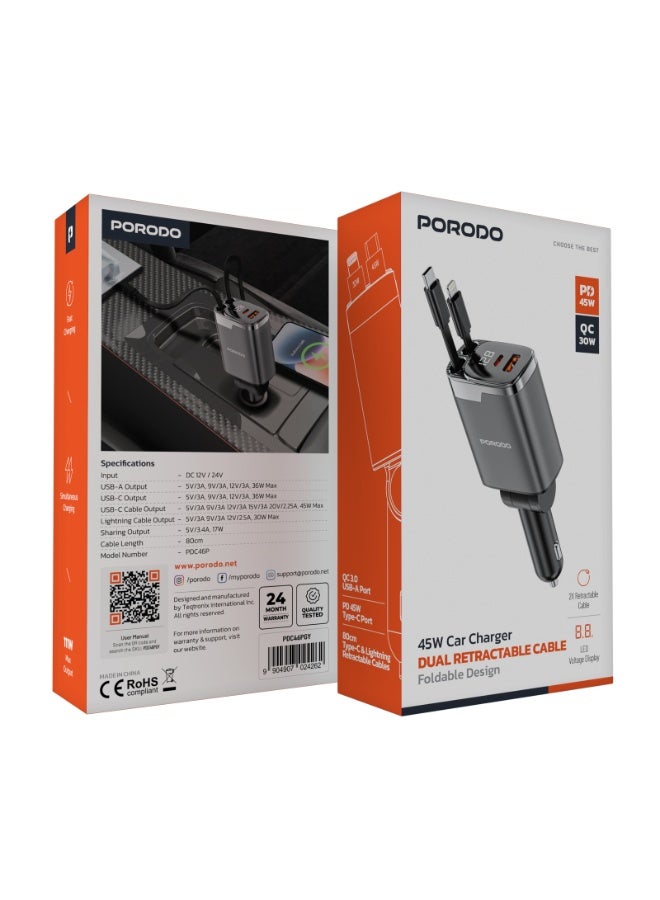 porodo Car Charger with Dual Retractable Cable & PD 45W & QC 36W Fast Charging / LED Voltage Display / Simultaneous Charging / 111W Max Output - Grey - Image 5