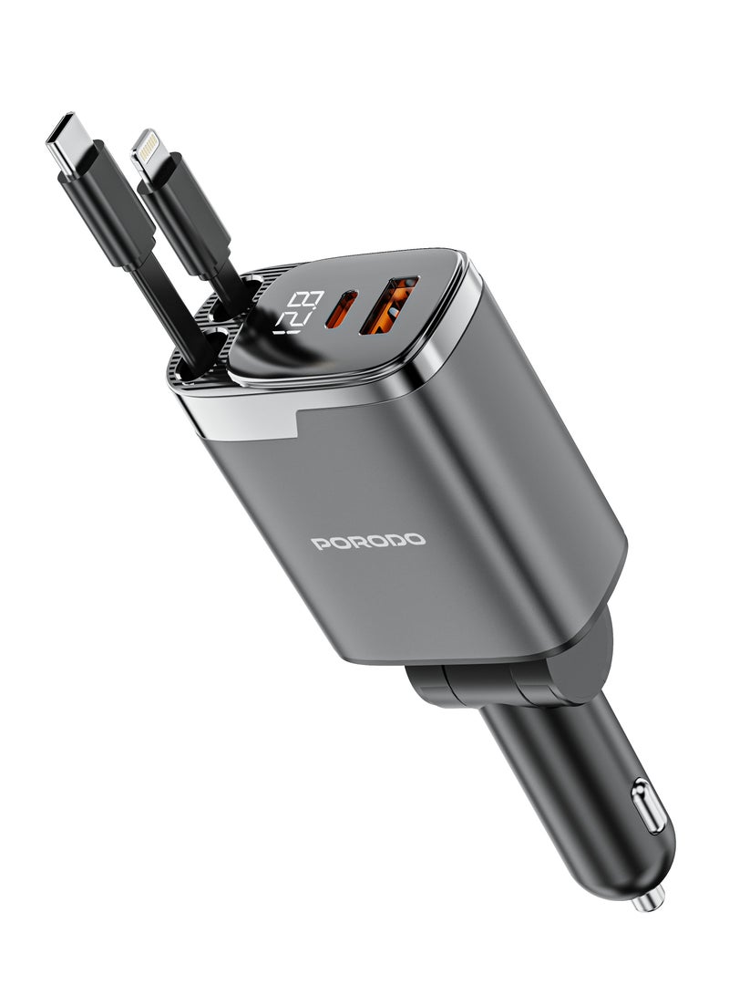 porodo Car Charger with Dual Retractable Cable & PD 45W & QC 36W Fast Charging / LED Voltage Display / Simultaneous Charging / 111W Max Output - Grey - Image 1