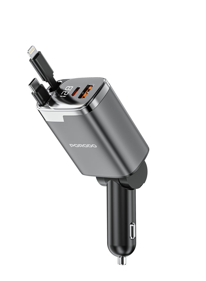 porodo Car Charger with Dual Retractable Cable & PD 45W & QC 36W Fast Charging / LED Voltage Display / Simultaneous Charging / 111W Max Output - Grey - Image 2