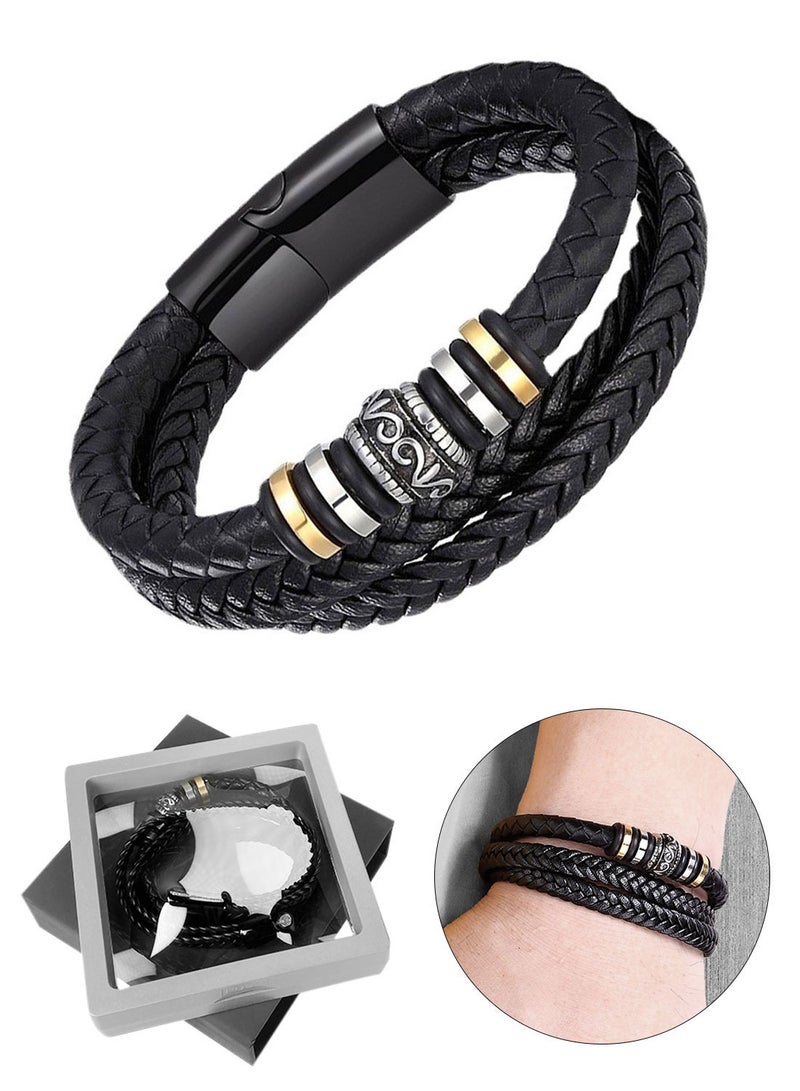 Syarme Mens Bracelets Multilayer Braided Leather Wristband Stainless Steel  Bangles, Titanium Steel Magnetic Buckle Inspirational Wristband, 21cm Boy Jewelry Men's Best Gift, with Gift Box - Image 1