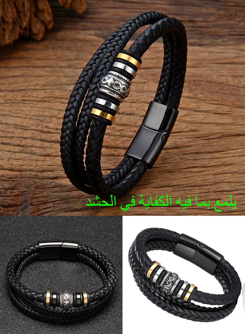 Syarme Mens Bracelets Multilayer Braided Leather Wristband Stainless Steel  Bangles, Titanium Steel Magnetic Buckle Inspirational Wristband, 21cm Boy Jewelry Men's Best Gift, with Gift Box - Image 4