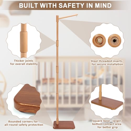 EBINGMIMA Floor-Standing Crib Mobile Arm - 65 Inch Mobile Arm for Crib - Mobile Stand for Crib - 100% Beech Wood - Movable Baby Mobile Hanger with Strong Anti-Dumping Attachment - Easy Assembly - Nursery Decor - Image 4