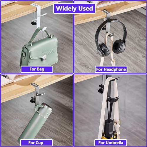 Kisoy خطاف مكتب KISOY 2PCS، خطاف حقيبة يد تحت المكتب، خطاف حقيبة للجدول، خطاف حقيبة ظهر قابل للتعديل، يمكنه تعليق الحقائب، والمظلات، وحامل سماعات الرأس (1 أبيض + 1 أسود) - Image 4