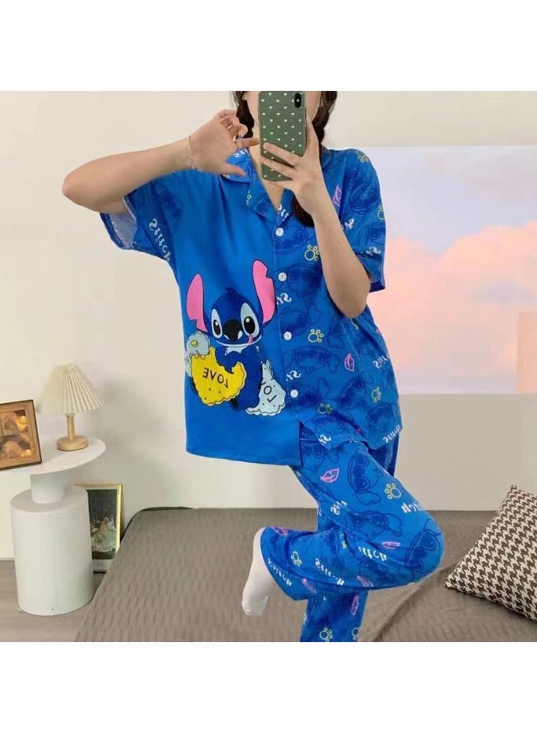 DubaiGallery New Summer Short-sleeved Shorts And Trousers Three-piece Cute Cartoon Women's Pajama Suit Thin Girl's Cardigan Home Clothes 