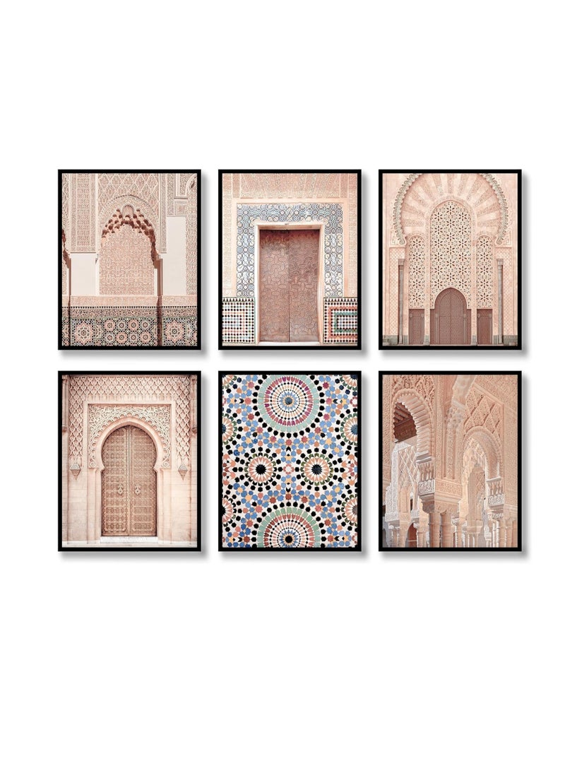 مؤسسة فكرة اليوم مجموعة من 6 ملصقات مطبوعة على قماش لفن العمارة المغربية من أفكار اليوم لأبواب عربية وأقواس مسجد | ديكور حائط أنيق لغرفة المعيشة وغرفة النوم والمكتب (بدون إطار - 1، 11 × 14 بوصة) - Image 1