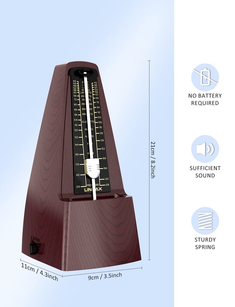 Linrax M2 Mechanical Metronome for Piano Guitar Bass Ukulele Drum Violin Cello Saxophone Trumpet and Other Musical Instruments, Track Tempo and Beat, Loud Sound, High Precision, Wood Grain - Image 3