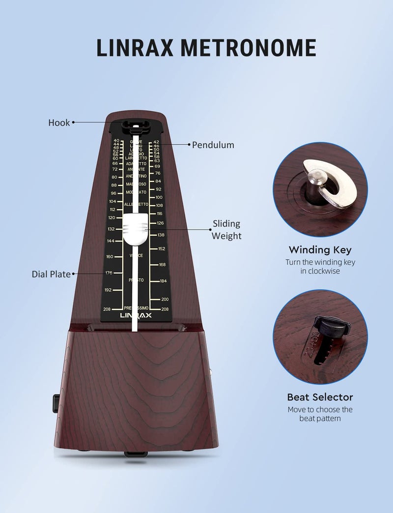 Linrax M2 Mechanical Metronome for Piano Guitar Bass Ukulele Drum Violin Cello Saxophone Trumpet and Other Musical Instruments, Track Tempo and Beat, Loud Sound, High Precision, Wood Grain - Image 2