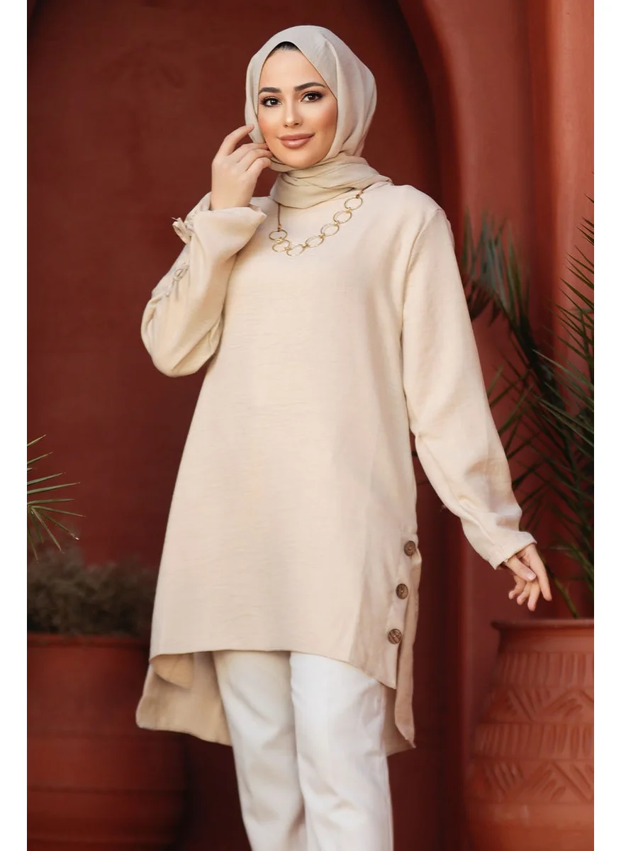 Neva Style Button Detailed Beige Hijab Tunic 41281BEJ