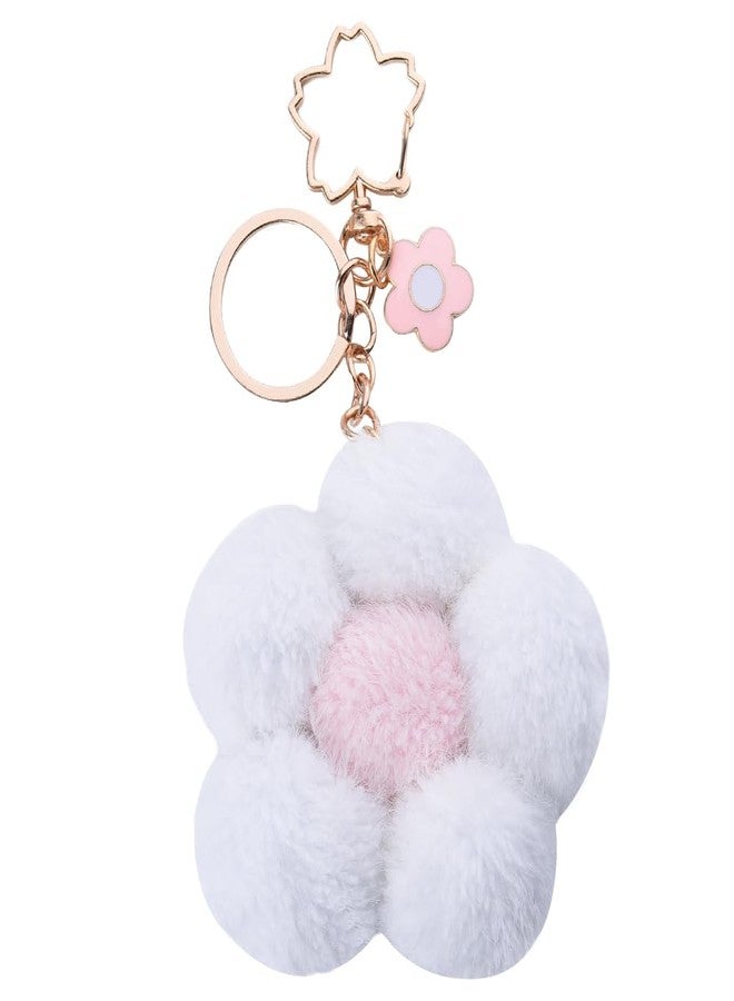 Yreamont White Flower Plush Keychain for Backpack Charms for Women Girls Cute Fluffy Keychain for Purse Charms for Handbags Kawaii Bag Keychain Accessories for Women Girls Flower Keychain for Car Keys - Image 1