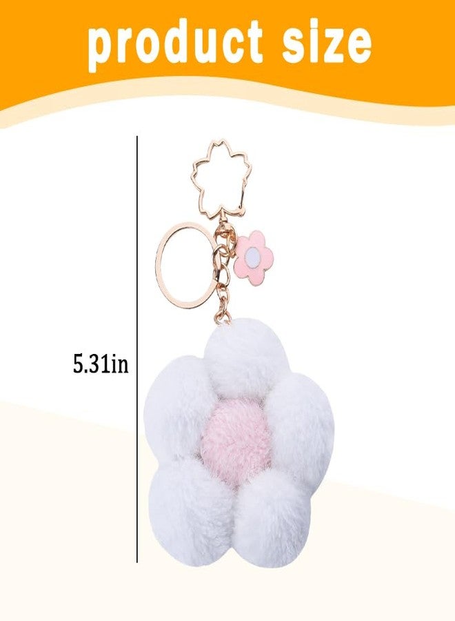 Yreamont White Flower Plush Keychain for Backpack Charms for Women Girls Cute Fluffy Keychain for Purse Charms for Handbags Kawaii Bag Keychain Accessories for Women Girls Flower Keychain for Car Keys - Image 2