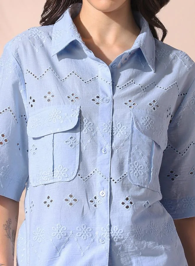 Dennis Lingo Women's Sky Blue Cotton Blend Embroidered Button Down Full Length Casual Relaxed Co Ords
