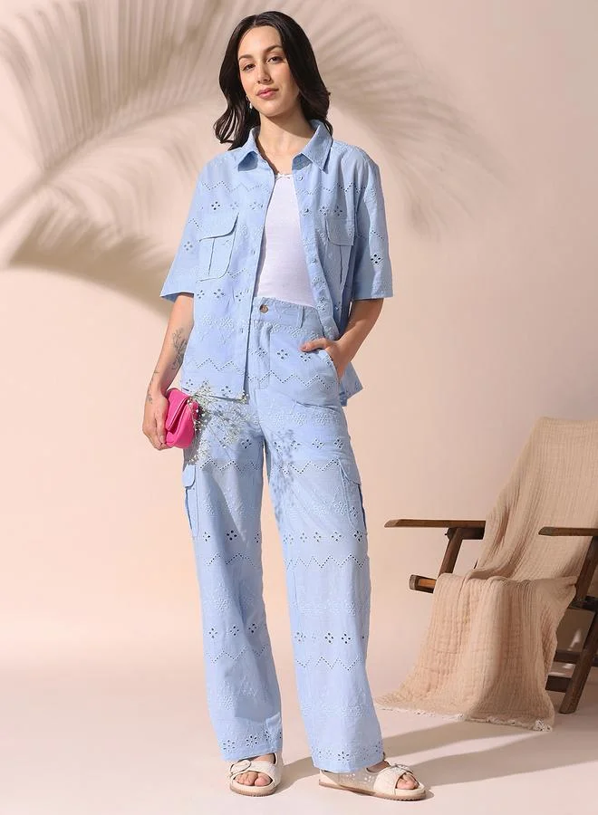 Dennis Lingo Women's Sky Blue Cotton Blend Embroidered Button Down Full Length Casual Relaxed Co Ords