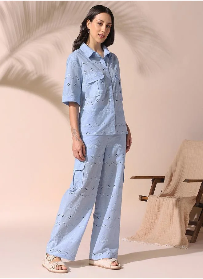 Dennis Lingo Women skyblue relaxed fit embroidered half sleeves button down cotton blend co-ords set with button closure featuring a spread collar- perfect for making bold moves.